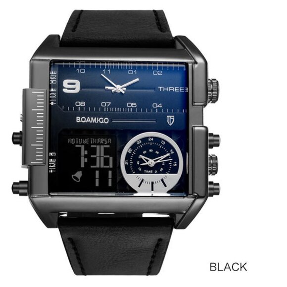 BOAMIGO Big Square Dial 3 TimeZone‎ Stylish Watch For Men - Picture 1 of 12